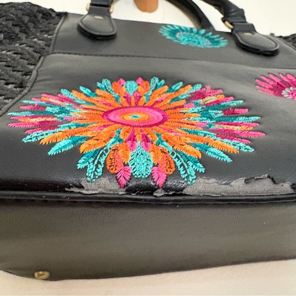 Desigual Embroidered Floral Satchel Tote Bag Black Top Handle Handbag - Picture 10 of 13